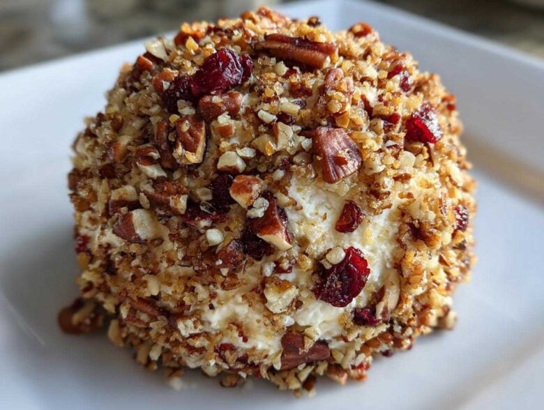 A close-up shot of a perfectly formed cranberry pecan cheese ball coated in chopped nuts and dried cranberries.