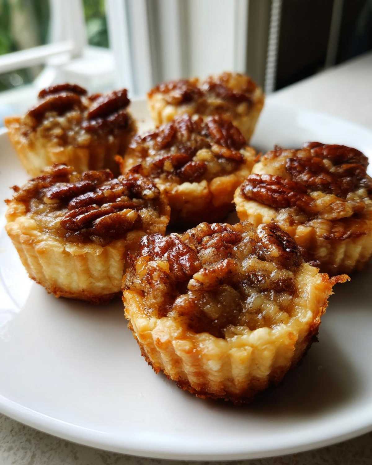 A plate holding several golden brown pecan tassies with a rich, gooey filling and whole pecan tops.
