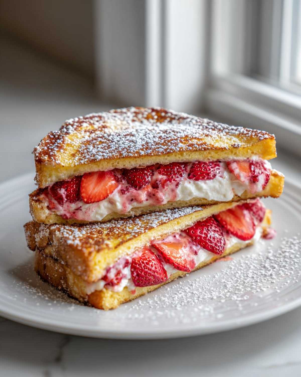 Two halves of cream cheese stuffed french toast stacked, filled with strawberries and dusted with powdered sugar.