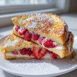 Two halves of cream cheese stuffed french toast overflowing with fresh strawberries and dusted with powdered sugar.