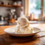 Two scoops of creamy, pale yellow banana ice cream melting slightly on a white plate.