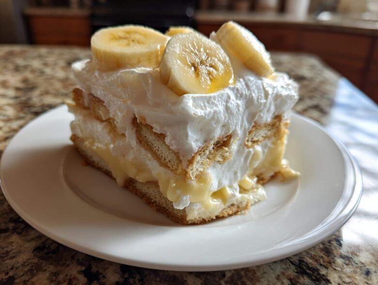 A generous slice of creamy banana pudding featuring layers of vanilla wafers, pudding, and whipped topping, garnished with fresh banana slices.