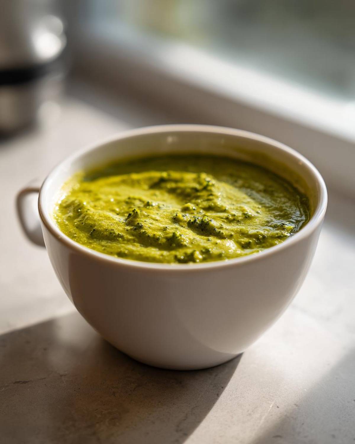 Close-up of thick, vibrant green broccoli cheddar soup served in a white mug, sitting on a sunlit counter.
