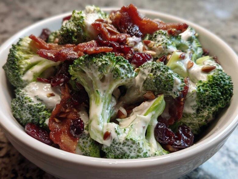 A close-up view of a white bowl filled with creamy broccoli salad, topped with crispy bacon, dried cranberries, and sunflower seeds.