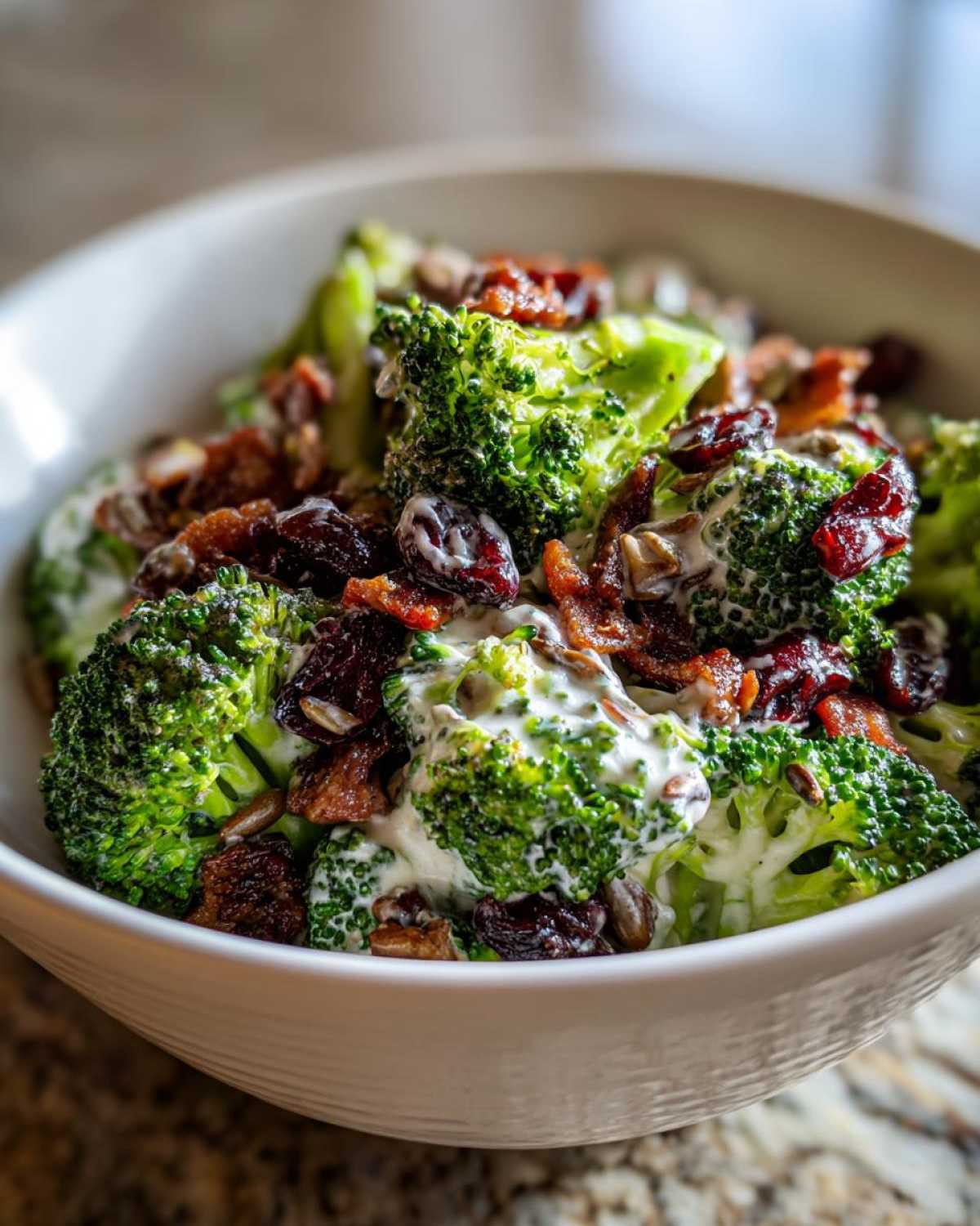 Close-up of a bowl of creamy broccoli salad featuring bright green florets, bacon bits, dried cranberries, and sunflower seeds.