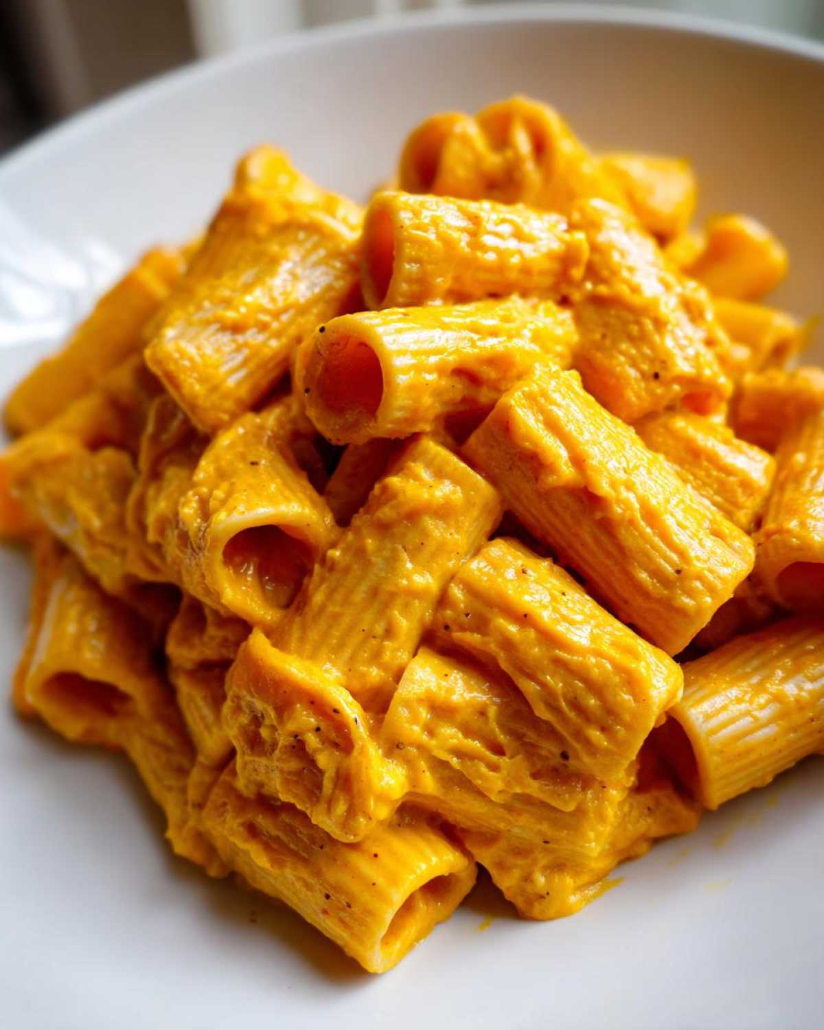 Close-up of rigatoni pasta coated in a vibrant orange, creamy butternut squash pasta sauce.