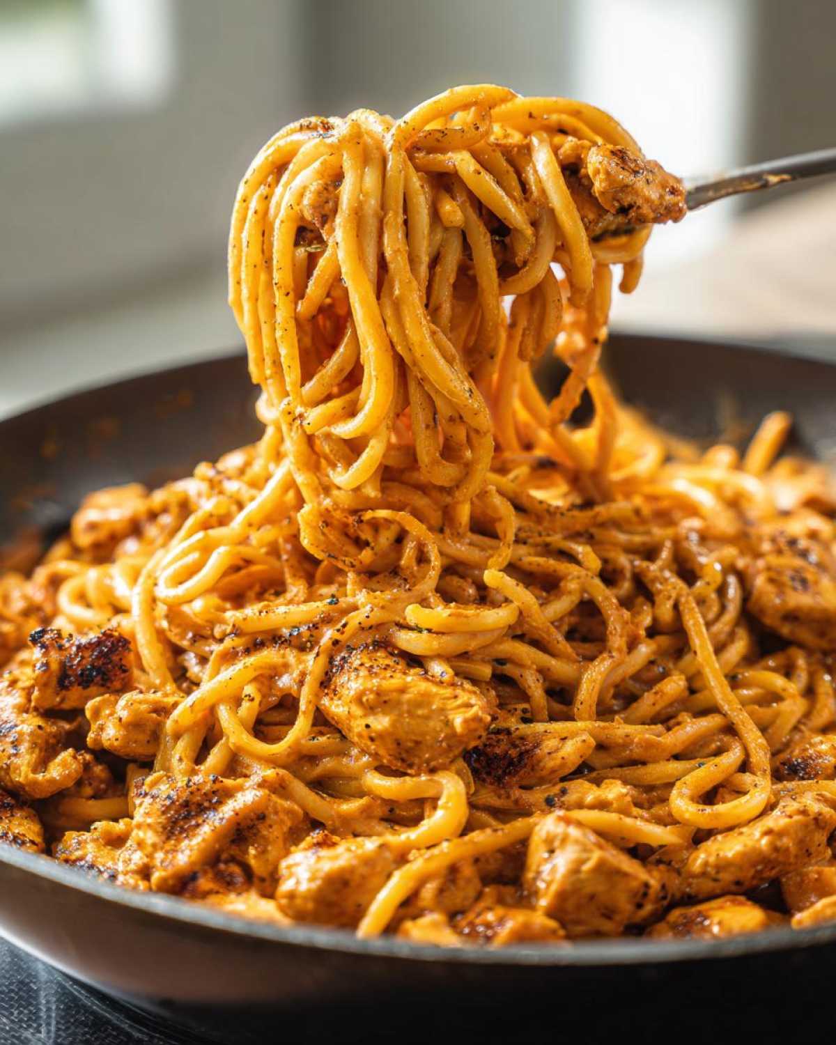 Close-up of creamy Cajun chicken pasta being lifted by a fork from a skillet, showing coated noodles and seasoned chicken pieces.