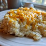 A close-up of creamy chicken and rice topped with melted orange cheddar cheese and black pepper.