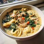 Close-up of a bowl of creamy chicken tortellini soup featuring pasta, shredded chicken, spinach, and carrots.