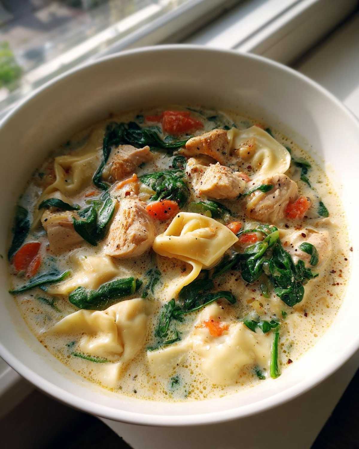 Close-up of a white bowl filled with creamy chicken tortellini soup, featuring chunks of chicken, spinach, and carrots.