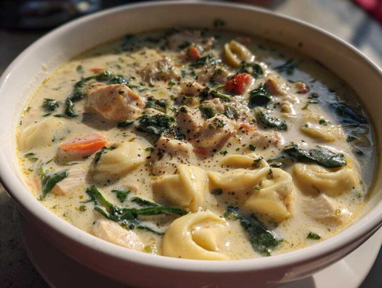 Close-up of a white bowl filled with creamy chicken tortellini soup, featuring tortellini, chicken chunks, spinach, and carrots.