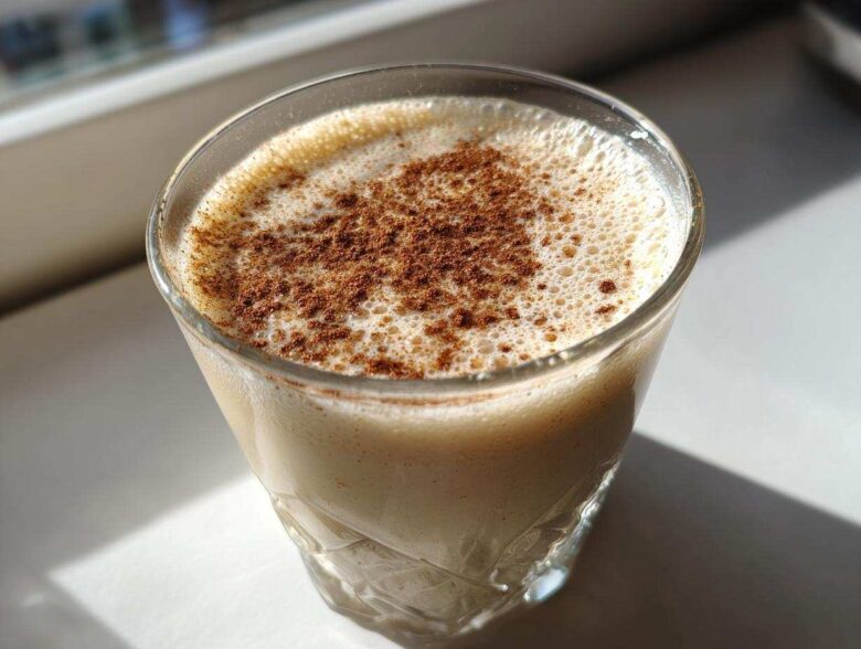 A close-up of a glass filled with creamy coquito, topped with a dusting of ground cinnamon.