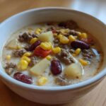 Close-up of a white bowl filled with creamy cowboy soup featuring ground beef, corn, potatoes, and kidney beans.