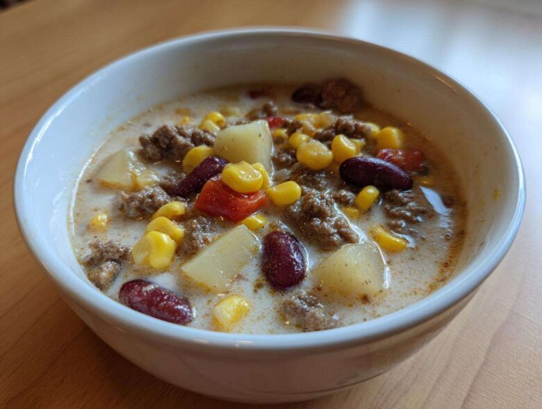 Close-up of a white bowl filled with creamy cowboy soup featuring ground beef, corn, potatoes, and kidney beans.