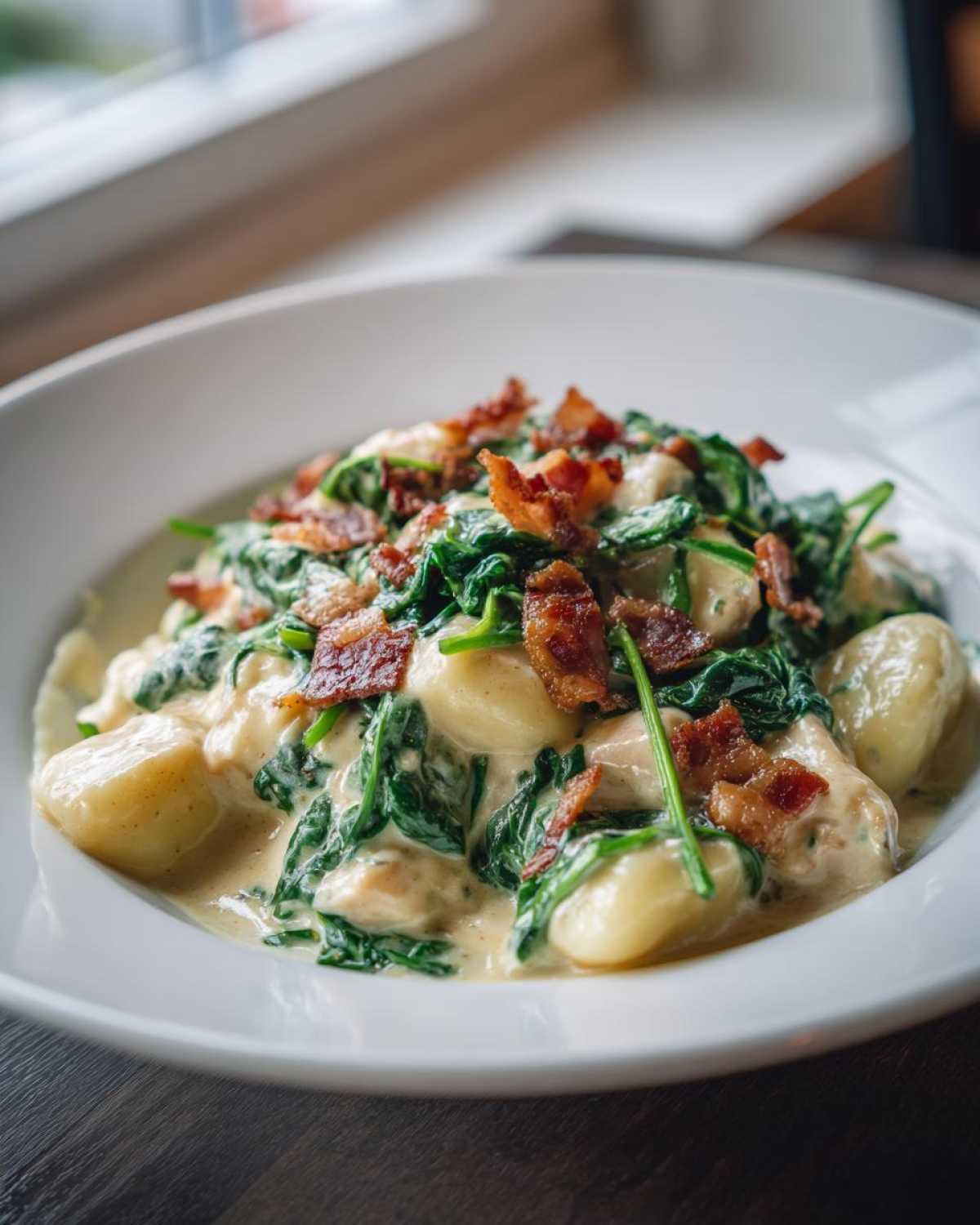 Close-up of creamy crack chicken gnocchi dish topped with wilted spinach and crispy bacon pieces.