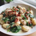 A white bowl filled with creamy crack chicken gnocchi, featuring chunks of chicken, wilted spinach, and crumbled bacon.