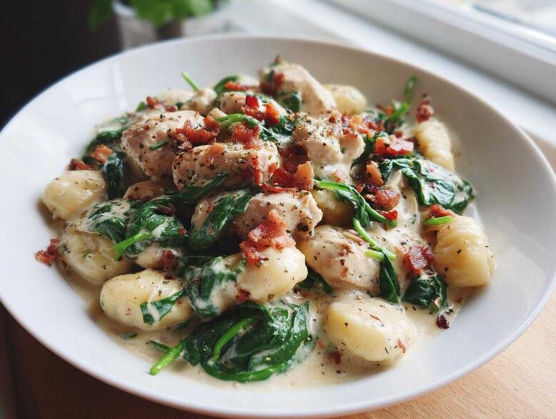 A white bowl filled with creamy crack chicken gnocchi, featuring chunks of chicken, wilted spinach, and crumbled bacon.