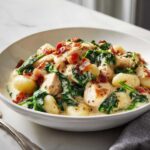 Close-up of creamy crack chicken gnocchi with spinach and bacon crumbles in a white bowl.