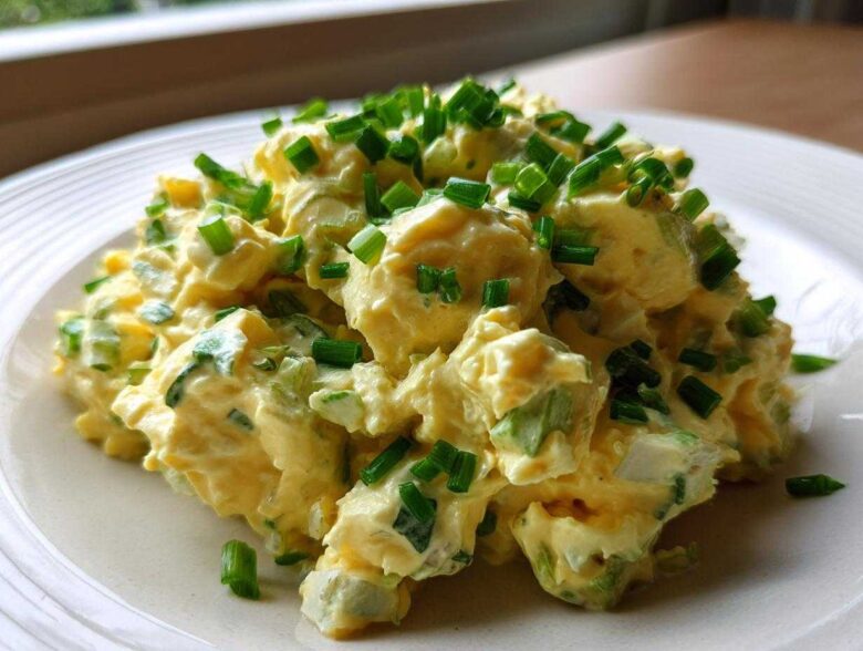 A mound of creamy, yellow egg salad recipe generously topped with bright green chopped chives on a white plate.