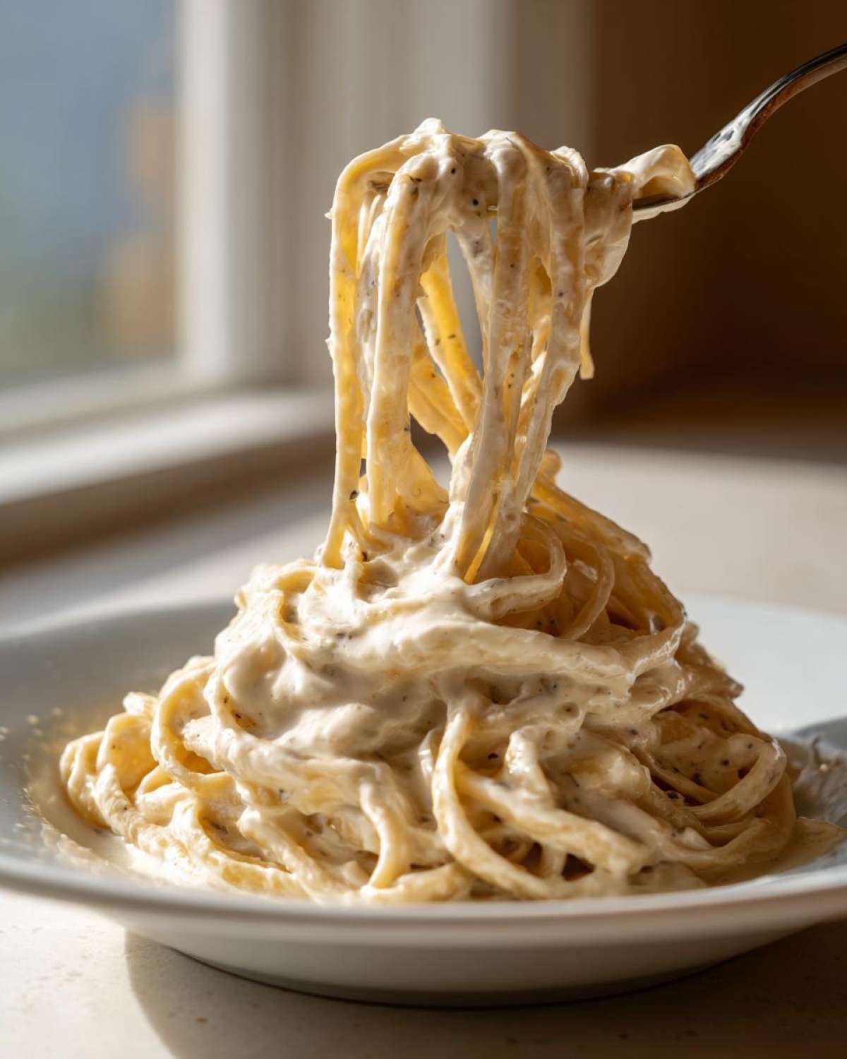 A fork lifting strands of fettuccine heavily coated in creamy homemade alfredo sauce.