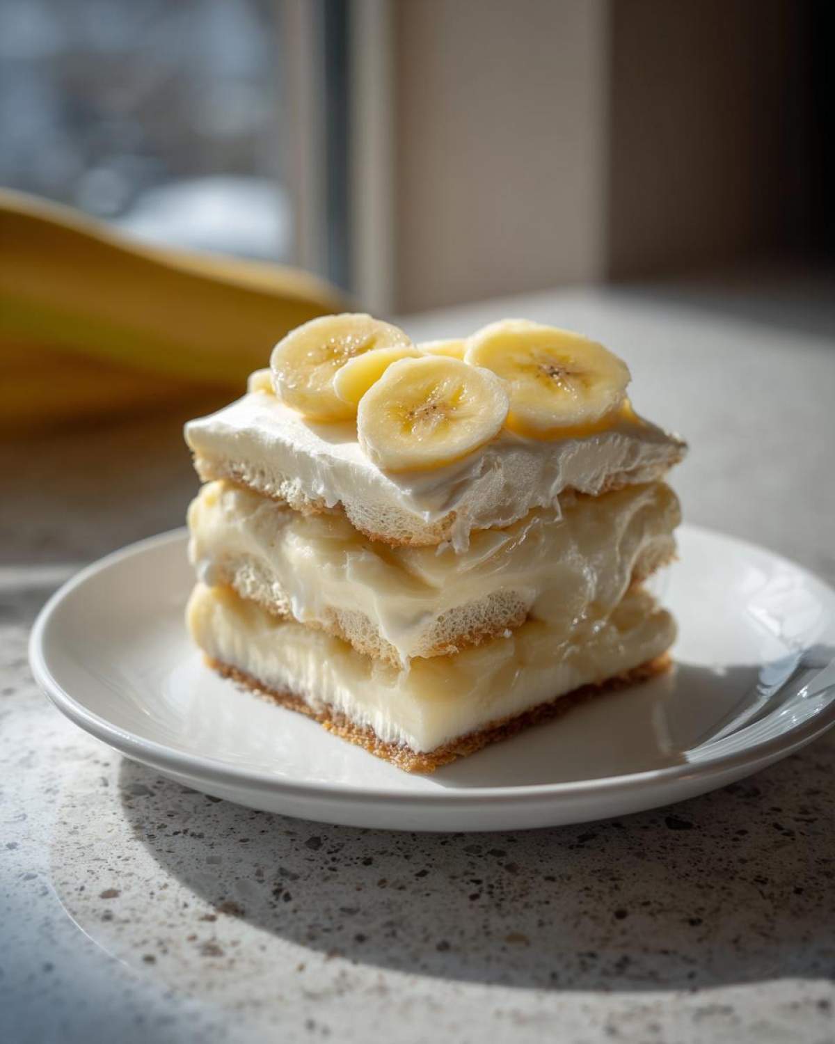 A perfect square serving of creamy banana pudding layered with vanilla wafers and topped with fresh banana slices.
