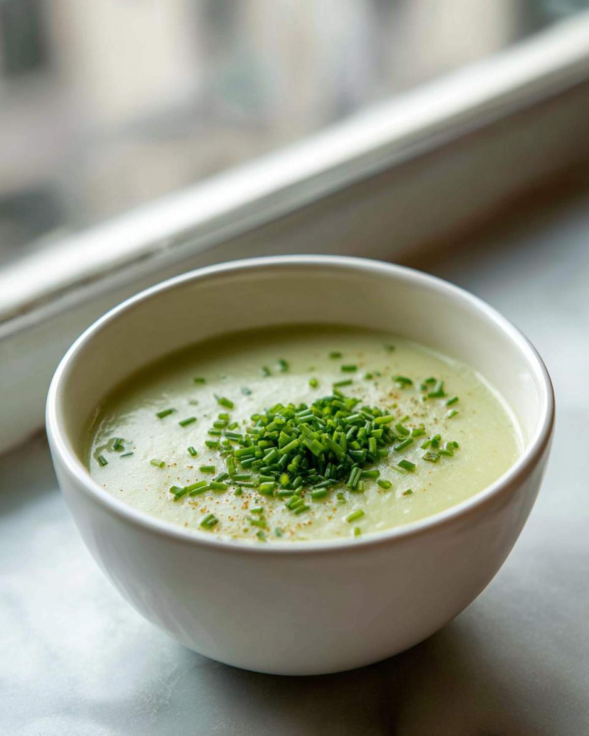 A close-up of a bowl of creamy potato leek soup topped with fresh, bright green chives.