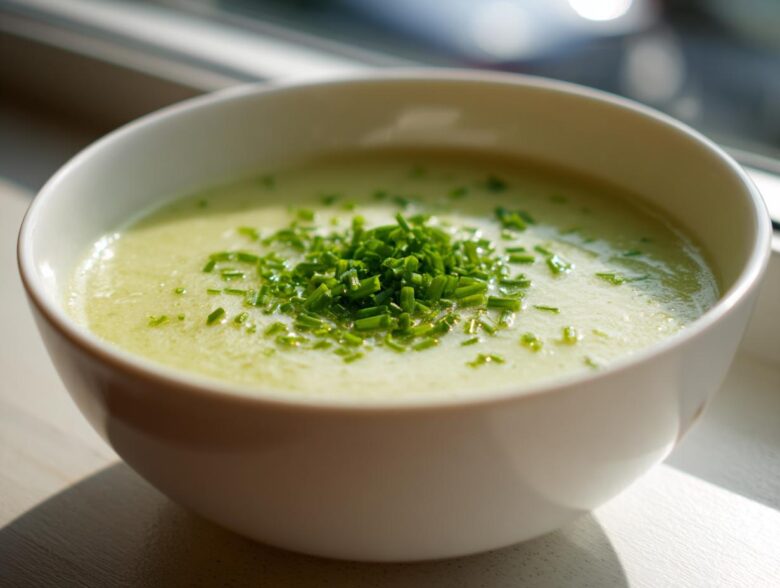 A close-up of a bowl of creamy potato leek soup garnished generously with bright green chopped chives.