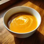 A white bowl filled with vibrant orange pumpkin soup, topped with a decorative swirl of cream.