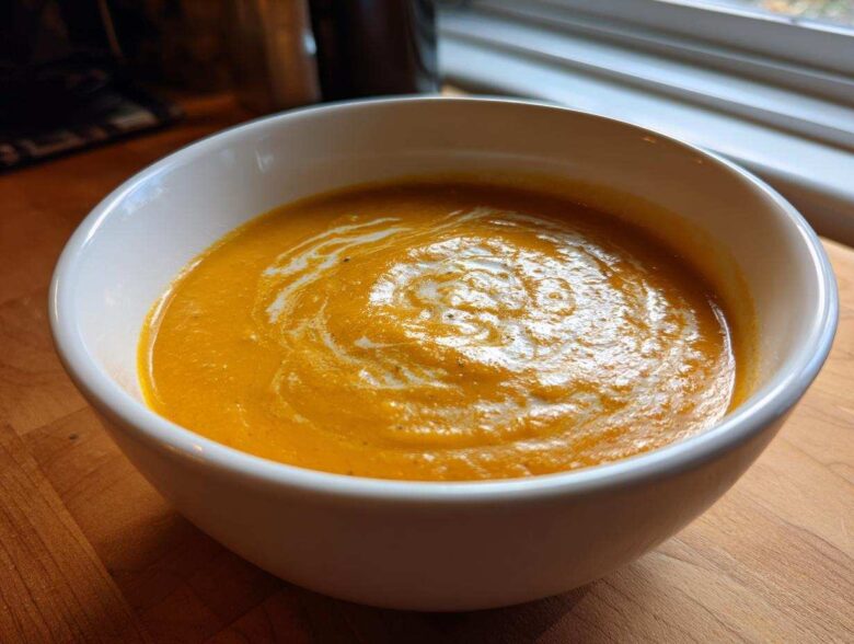 Close-up of a bowl of vibrant orange, creamy pumpkin soup swirled with cream.