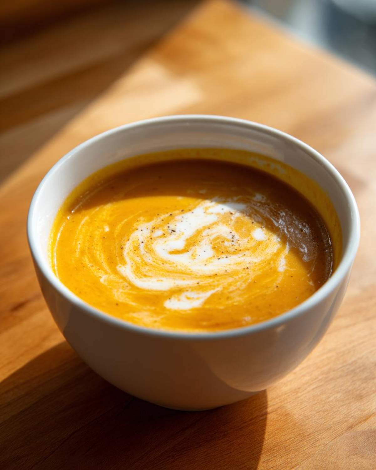 Close-up of a white bowl filled with bright orange creamy pumpkin soup, topped with a swirl of cream and black pepper.
