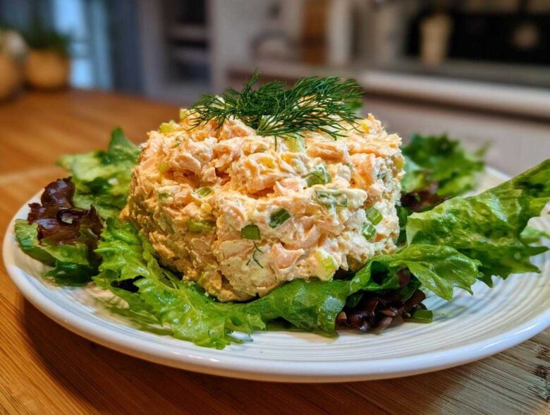 A perfectly scooped portion of creamy salmon salad served on a bed of fresh green and red lettuce, garnished with dill.