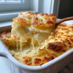 A spoonful of creamy, cheesy scalloped potatoes recipe being lifted from a white baking dish, showing cheese pulls.