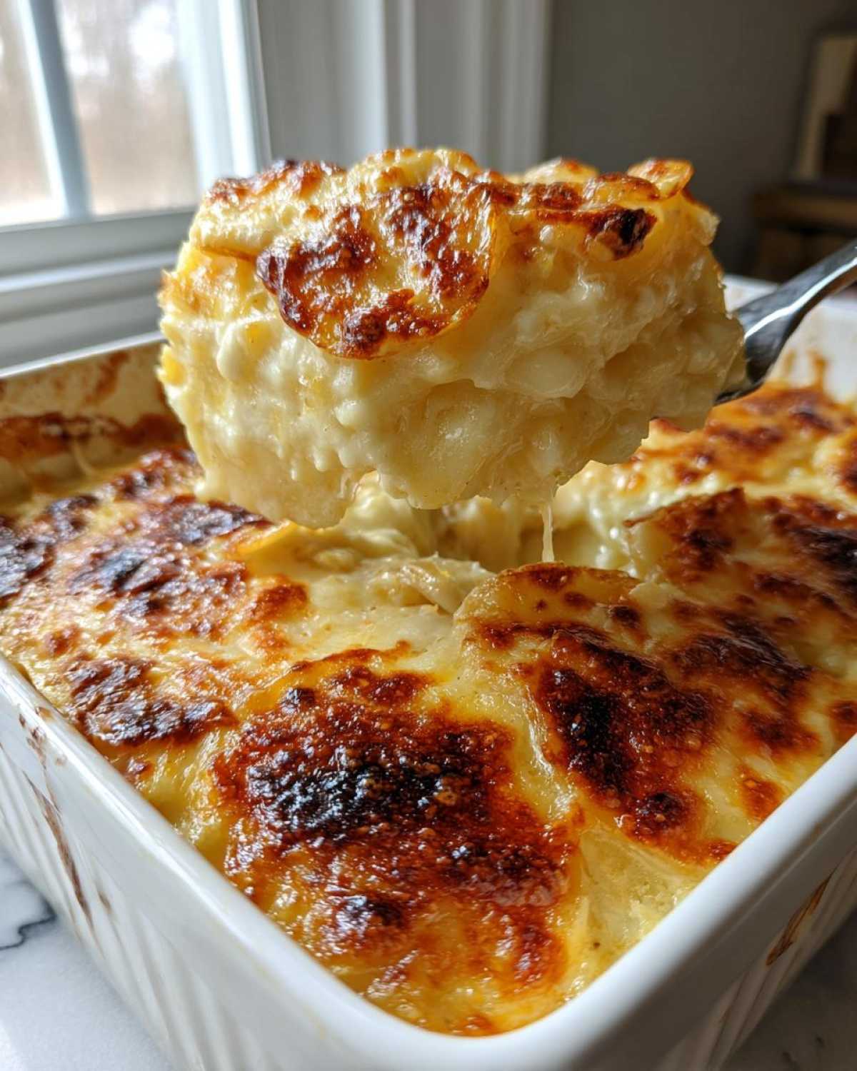 A spoonful of creamy scalloped potatoes recipe being lifted from a white baking dish showing a golden-brown, cheesy crust.