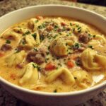 Close-up of a white bowl filled with creamy tortellini soup, featuring cheese tortellini, sausage, and parsley garnish.
