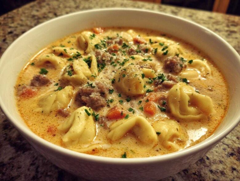 Close-up of a white bowl filled with creamy tortellini soup, featuring cheese tortellini, sausage, and parsley garnish.