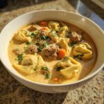 A close-up of a hearty bowl of creamy tortellini soup with sausage and carrots, garnished with parsley.