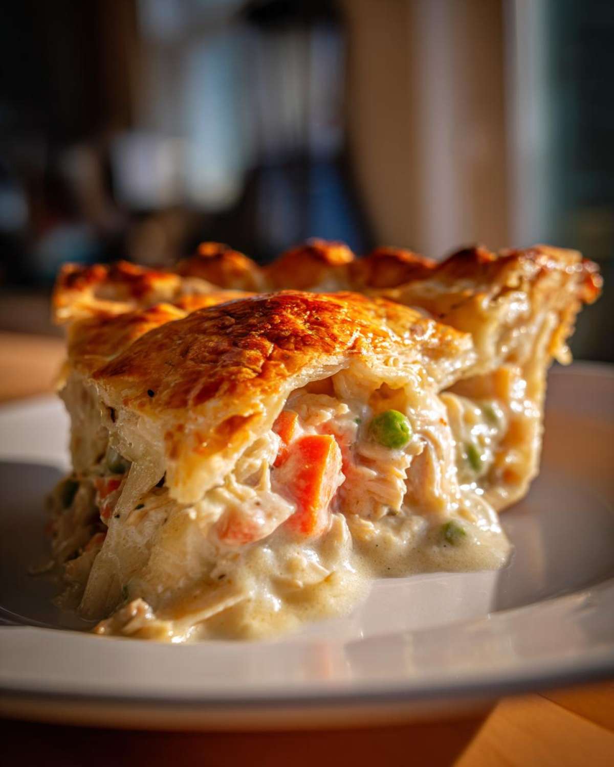 A close-up slice of rich turkey pot pie showing creamy filling, carrots, and peas under a flaky, golden-brown crust.