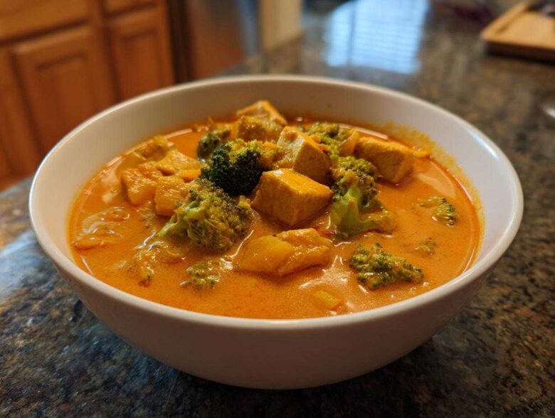 A white bowl filled with vibrant orange creamy vegan pumpkin curry featuring chunks of tofu and bright green broccoli florets.