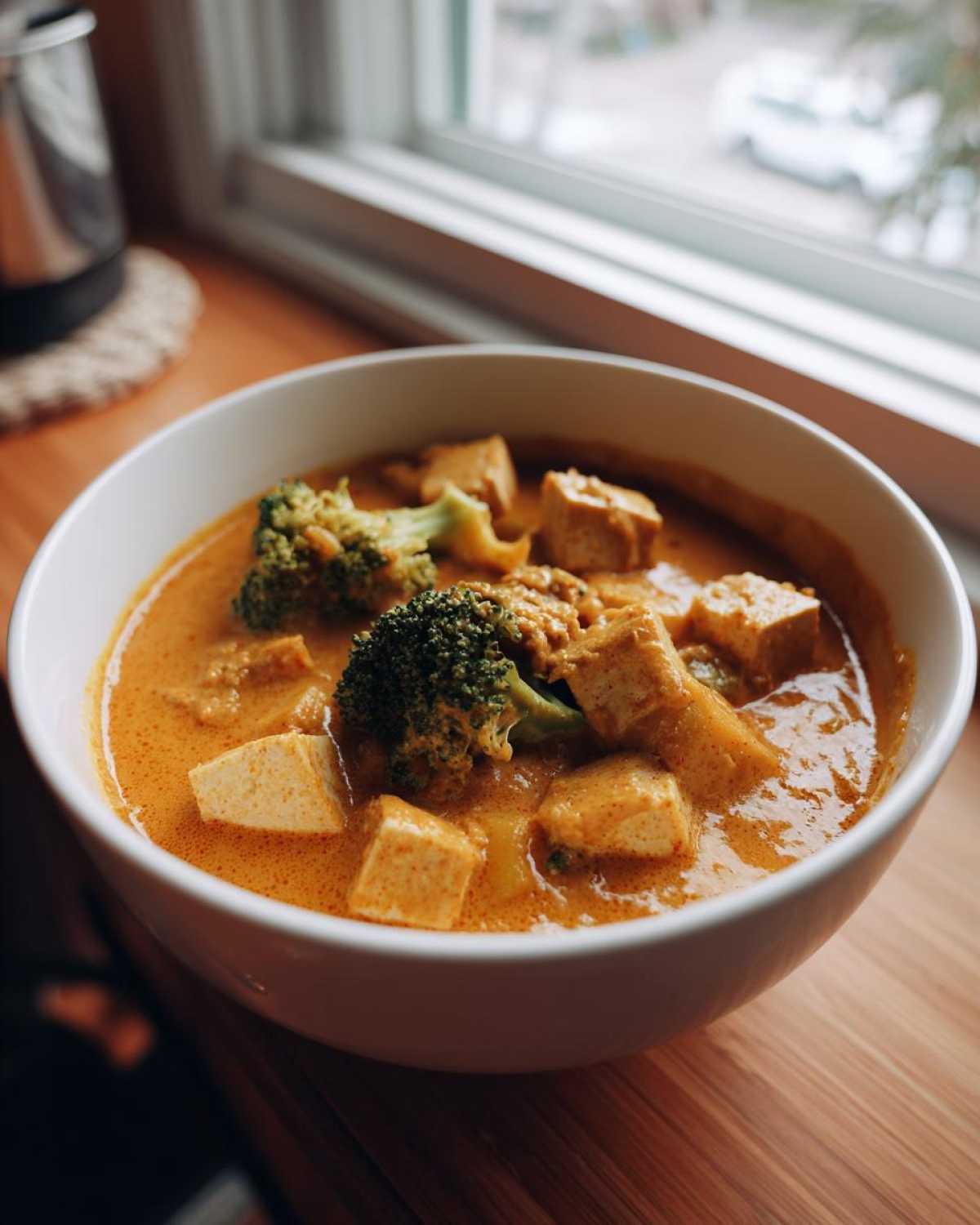 A close-up of a white bowl filled with creamy vegan pumpkin curry, featuring cubes of tofu and florets of broccoli.