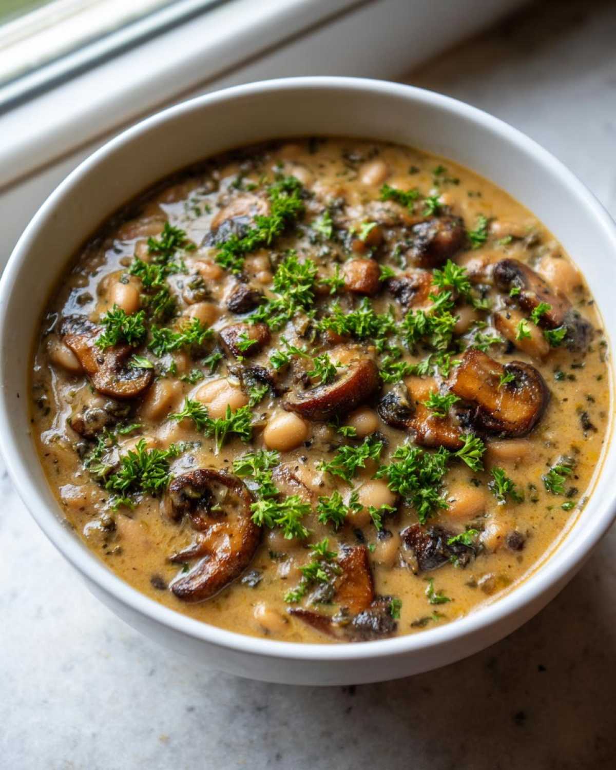 A close-up of a creamy white bean mushroom stew, garnished generously with fresh parsley.