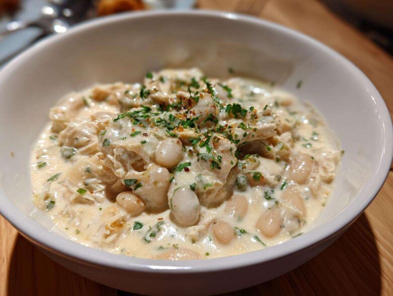 Close-up of a white bowl filled with creamy white chicken chili recipe, featuring shredded chicken and white beans.
