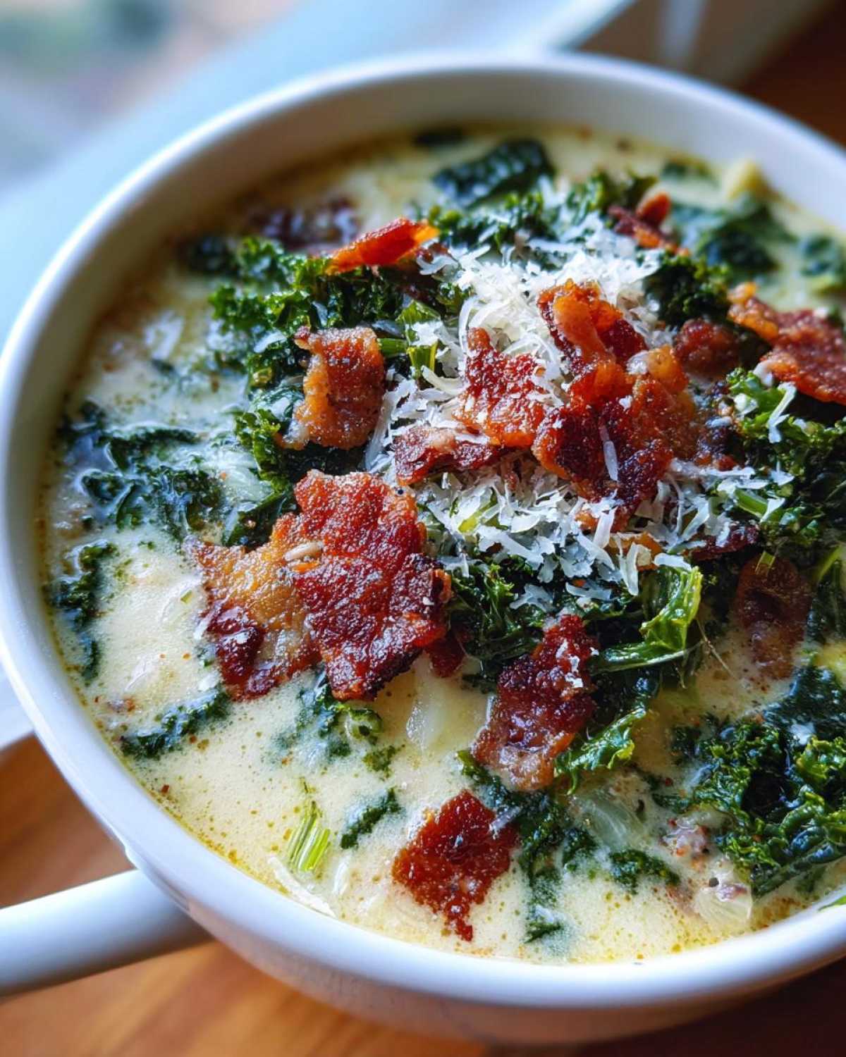 Close-up of a bowl of creamy Zuppa Toscana soup garnished with crispy bacon pieces and grated Parmesan cheese.