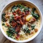 Overhead close-up of a bowl of creamy Zuppa Toscana soup topped generously with crispy bacon, kale, and grated Parmesan cheese.