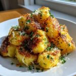 A close-up of golden brown, crispy air fryer gnocchi piled high and topped with grated Parmesan cheese and fresh parsley.