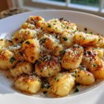 A close-up of golden, crispy air fryer gnocchi topped with grated Parmesan cheese and fresh parsley.