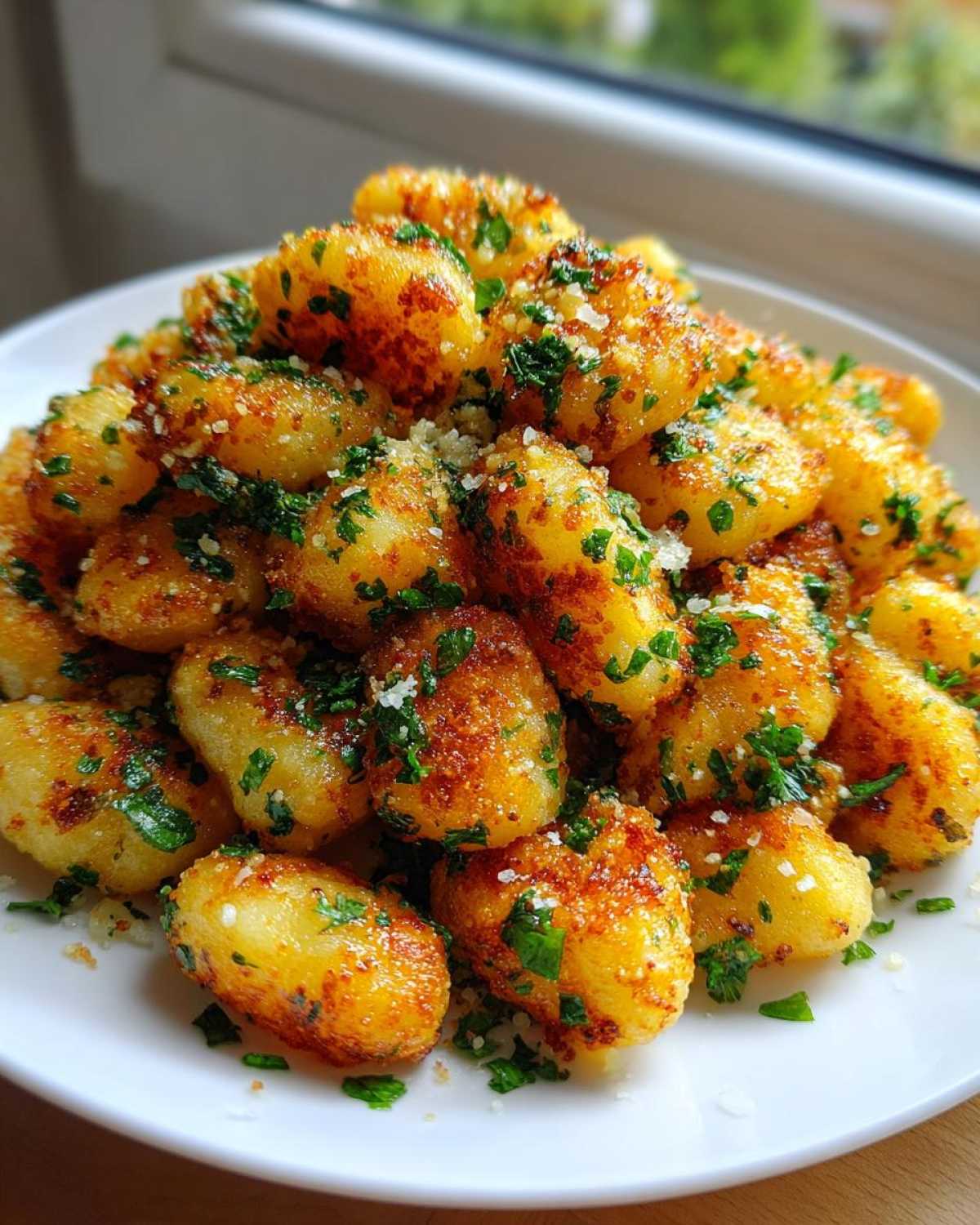A close-up of golden brown, crispy air fryer gnocchi topped with fresh parsley and grated cheese.