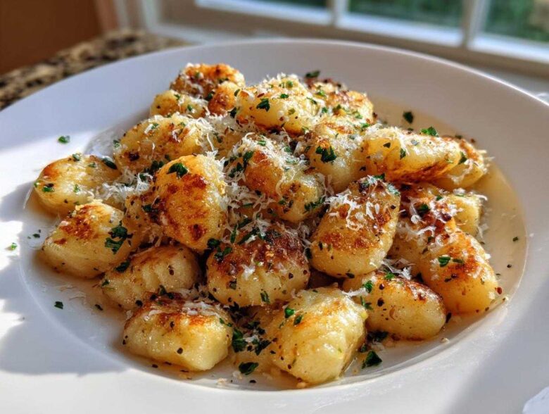 A close-up of golden, crispy air fryer gnocchi topped with grated Parmesan cheese and fresh parsley.