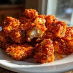 A pile of crispy, saucy Bang Bang Chicken pieces coated in a spicy glaze and sesame seeds on a white plate.