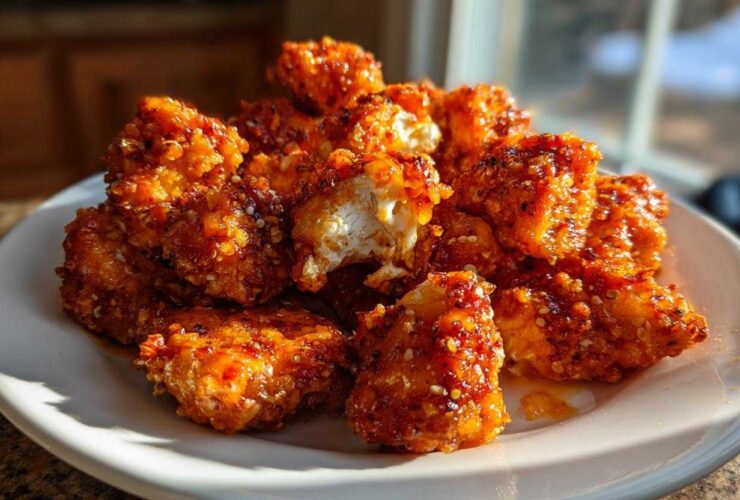 A pile of crispy, saucy Bang Bang Chicken pieces coated in a spicy glaze and sesame seeds on a white plate.