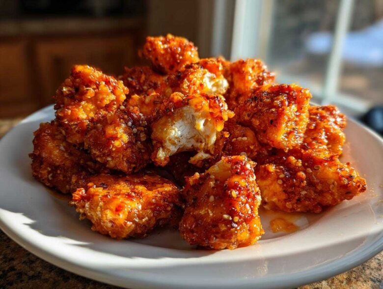 A pile of crispy, saucy Bang Bang Chicken pieces coated in a spicy glaze and sesame seeds on a white plate.